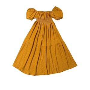 Golden Yellow Eyelet Smocked Puff Sleeve Tiered Midi Boho Dress Womens Med